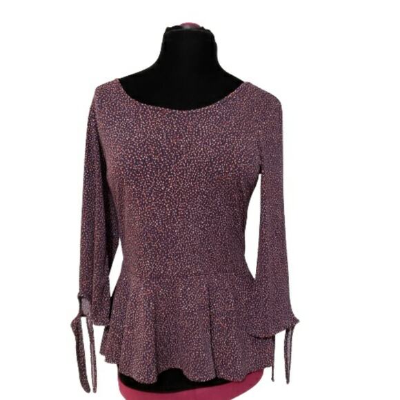 Banana Republic Polka Dot Peplum Flare Tie Cuff Multicolor Round Neck Blouse S - Picture 1 of 9